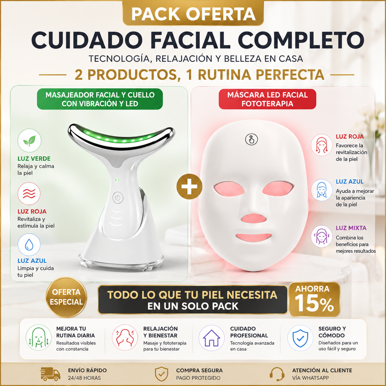 Pack OFERTA: Máscara Facial LED + GRATIS Masajeador Facial Cuello y Papada LED