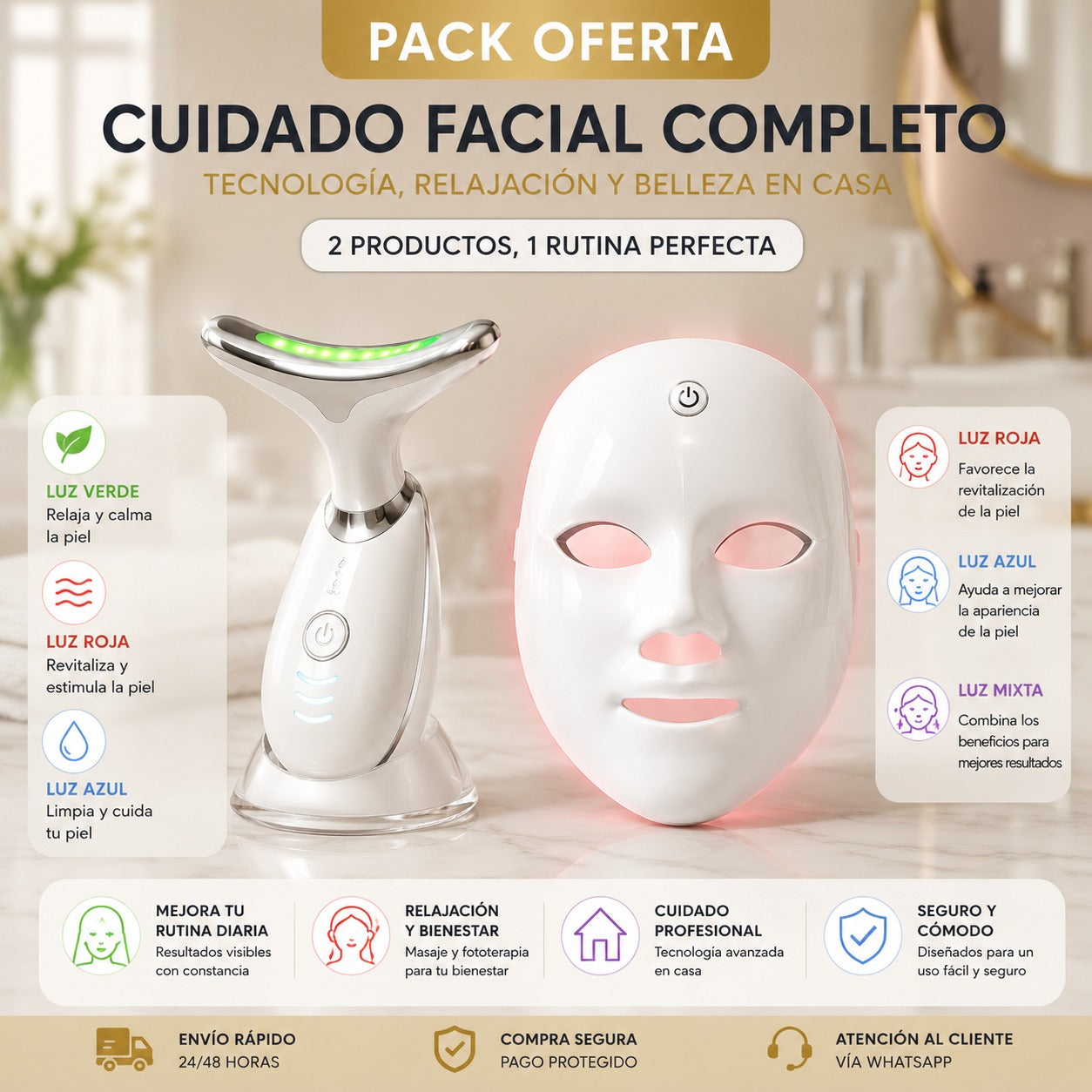 Pack OFERTA: Máscara Facial LED + GRATIS Masajeador Facial Cuello y Papada LED