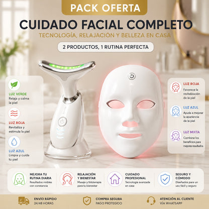 Pack OFERTA: Máscara Facial LED + GRATIS Masajeador Facial Cuello y Papada LED