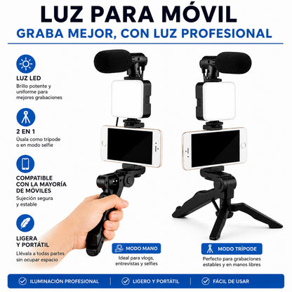 Set Grabacion Movil 3 en 1 (tripode + micro + luz)